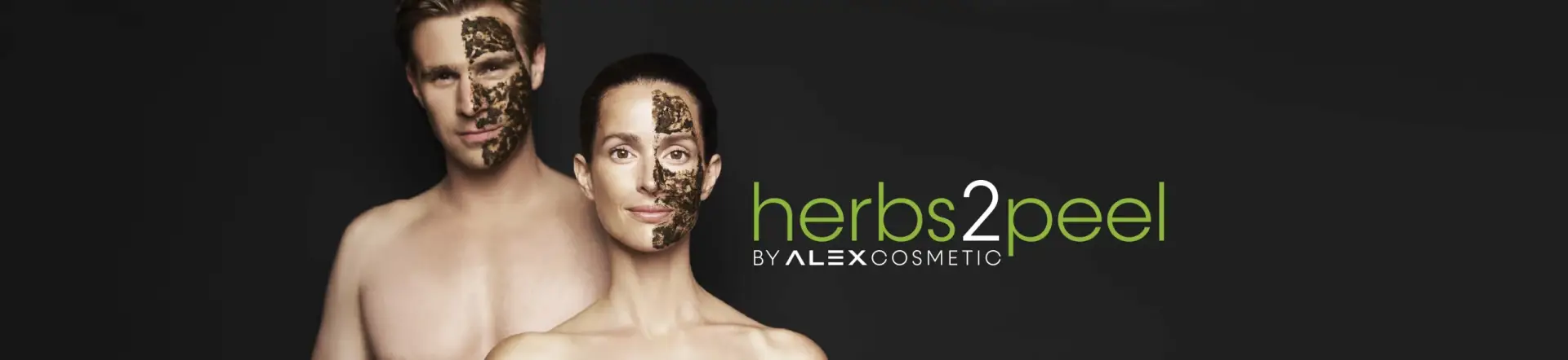 herbs2peel Bild von Ales Cosmetics. Es zeigt ein männliches und eine weibliches Model wo jeweils auf der linken Gesichtshälfte die Kräutermaske aufgetragen ist